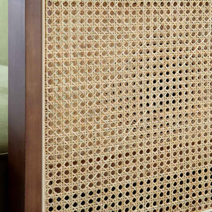 Canapé-lit Pienza en rotin, velours vert mousse et cadre en noyer