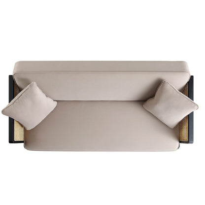 Canapé-lit Pienza en rotin, velours taupe avec cadre en bois massif noir