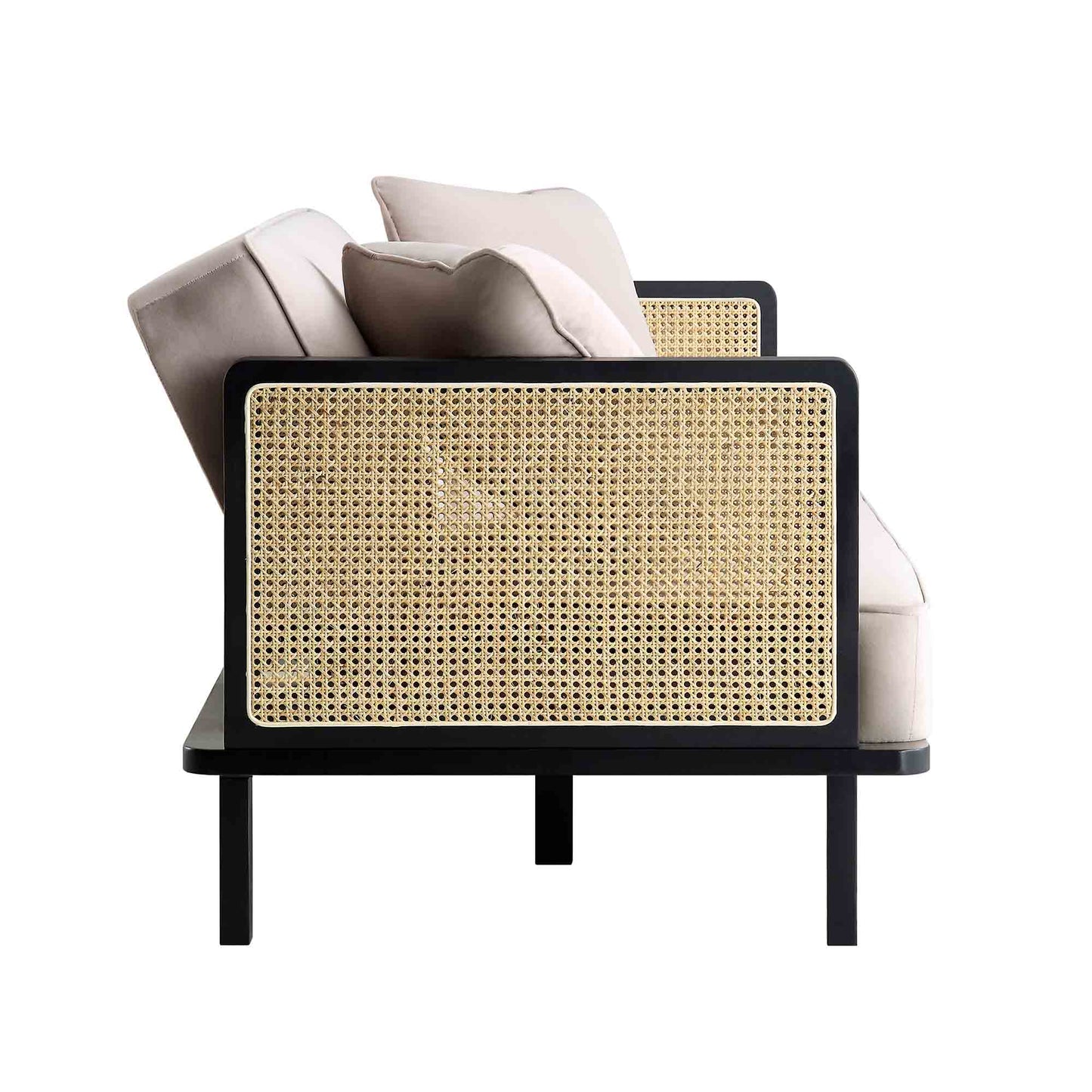 Canapé-lit Pienza en rotin, velours taupe avec cadre en bois massif noir