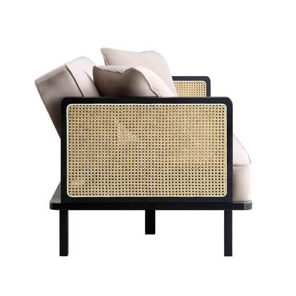 Canapé-lit Pienza en rotin, velours taupe avec cadre en bois massif noir