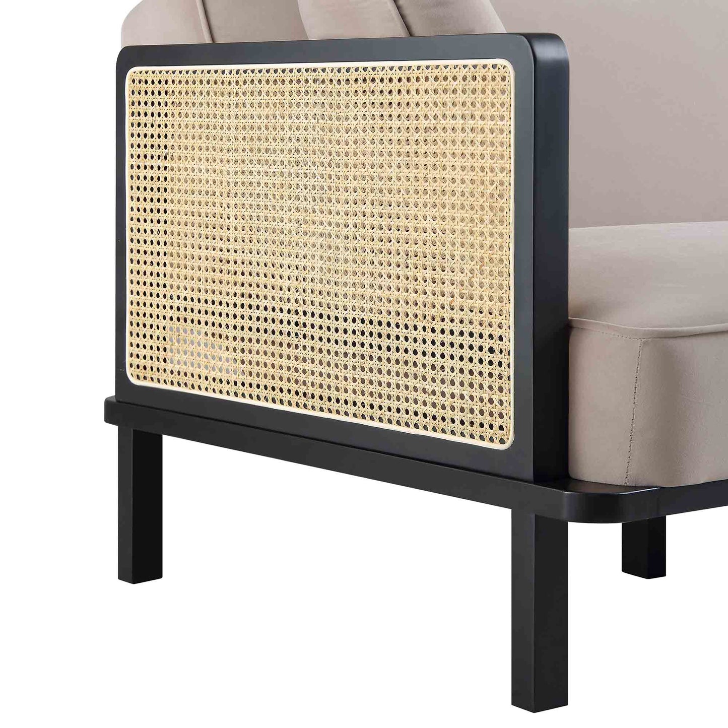 Canapé-lit Pienza en rotin, velours taupe avec cadre en bois massif noir