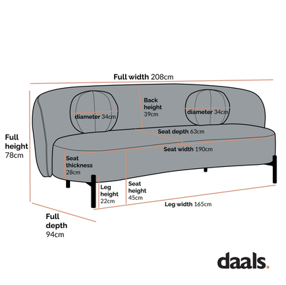 Canapé Amboise 3 places courbé avec coussins boules, écru bouclé