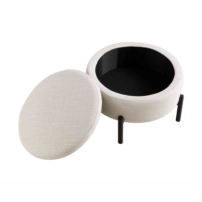 Pouf de rangement rond Amboise, mélange de lin beige