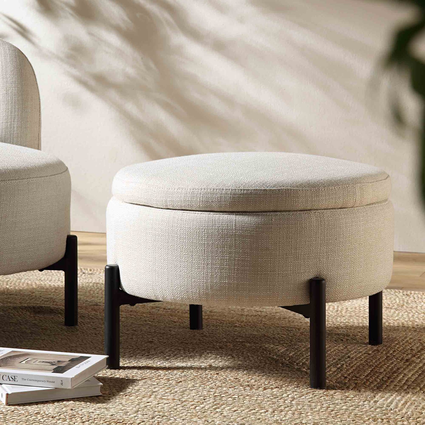 Pouf de rangement rond Amboise, mélange de lin beige