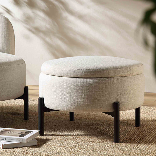 Pouf de rangement rond Amboise, mélange de lin beige
