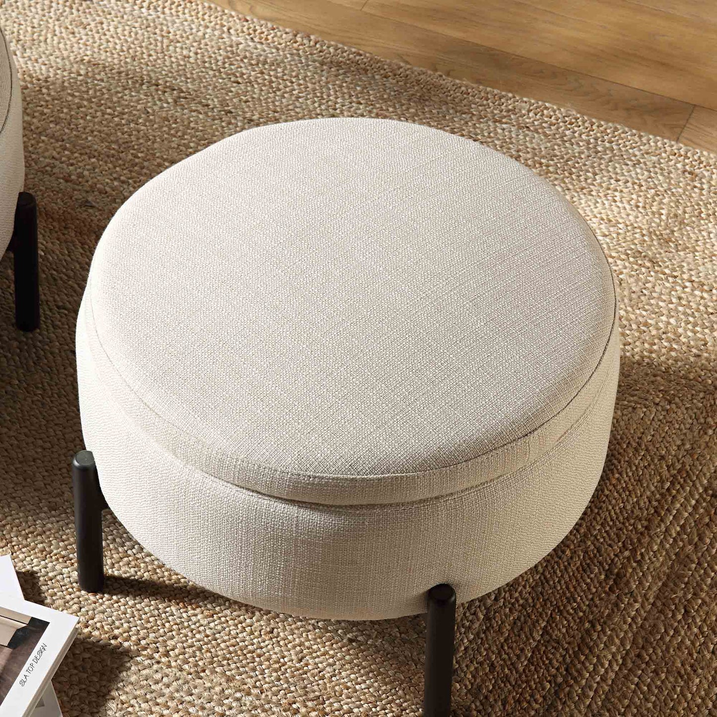 Pouf de rangement rond Amboise, mélange de lin beige