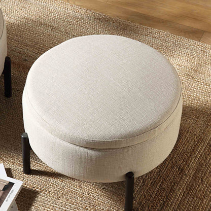 Pouf de rangement rond Amboise, mélange de lin beige