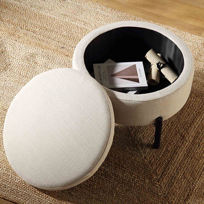 Pouf de rangement rond Amboise, mélange de lin beige