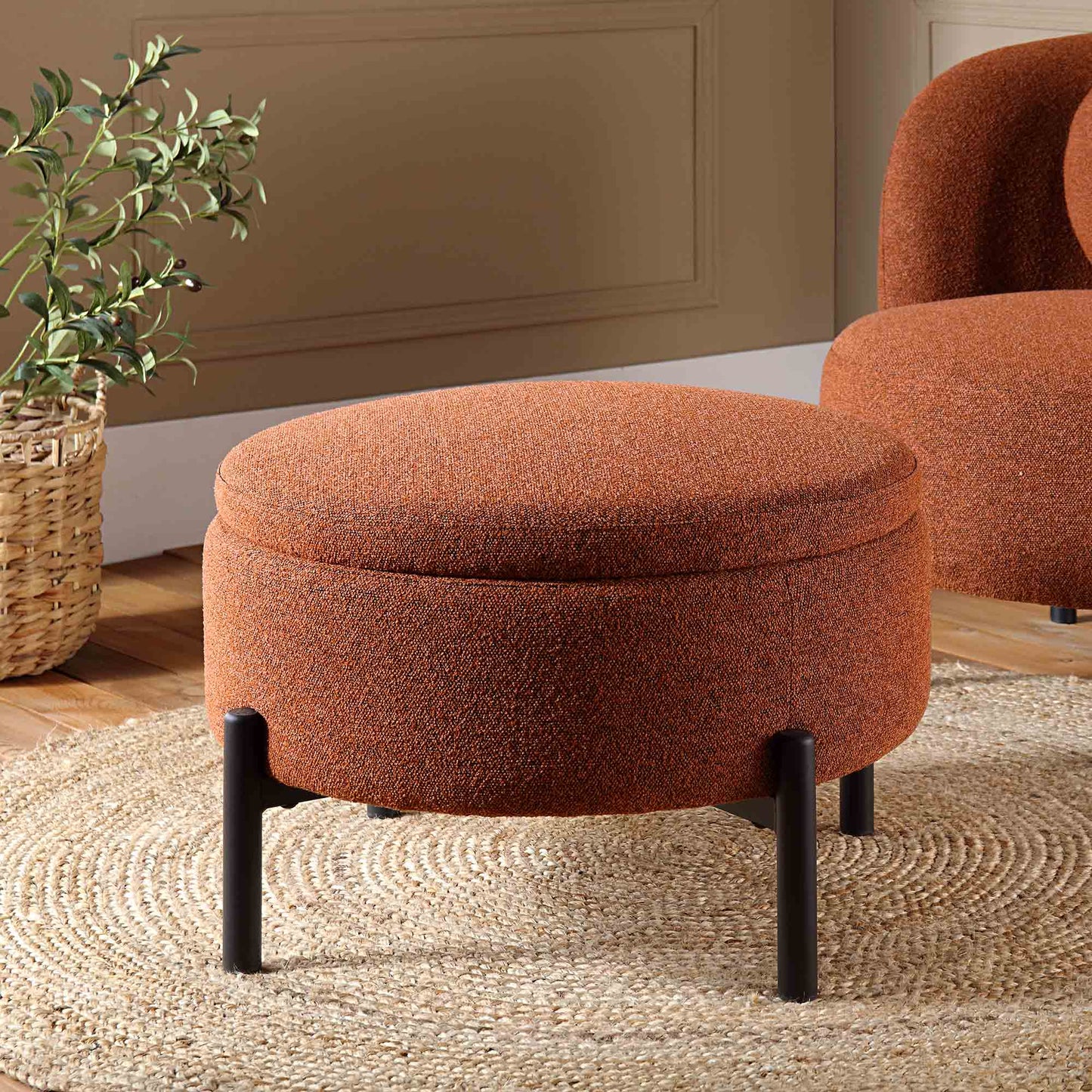 Pouf de rangement rond Amboise, boucle brique