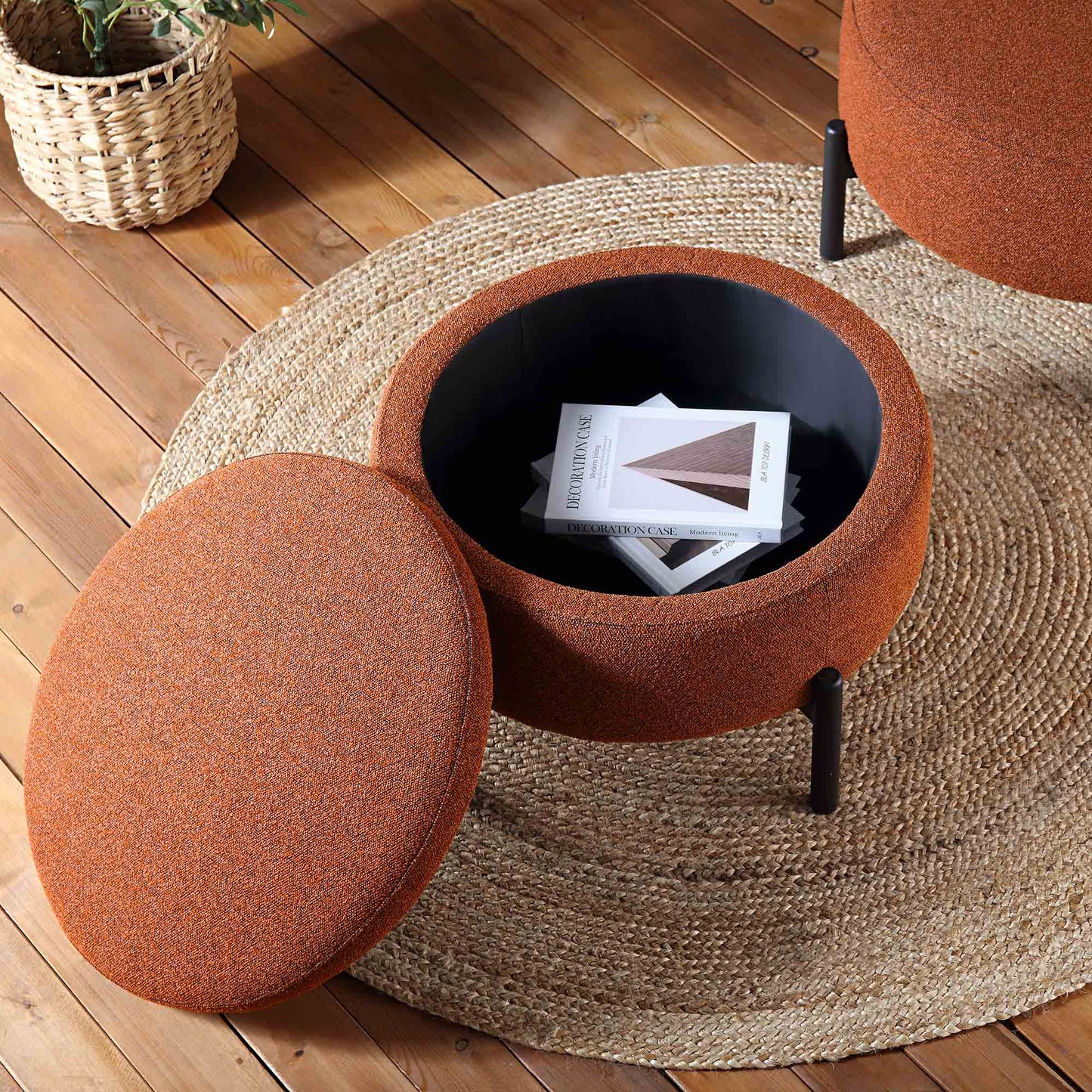 Pouf de rangement rond Amboise, boucle brique