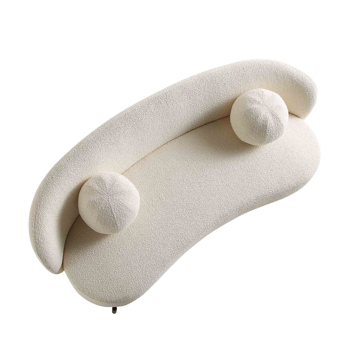 Canapé Amboise 3 places courbé avec coussins boules, écru bouclé