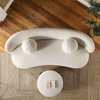 Canapé Amboise 3 places courbé avec coussins boules, écru bouclé