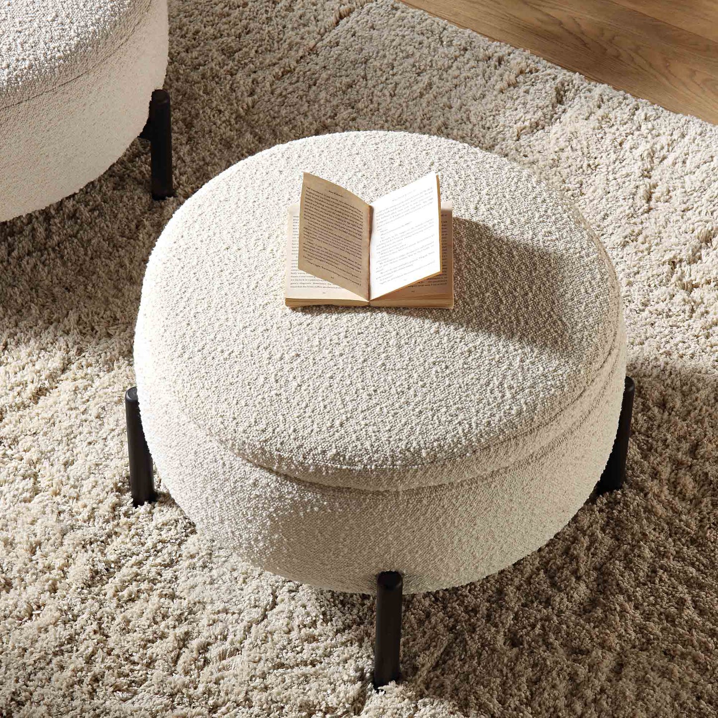 Pouf de rangement rond Amboise, boucle écru