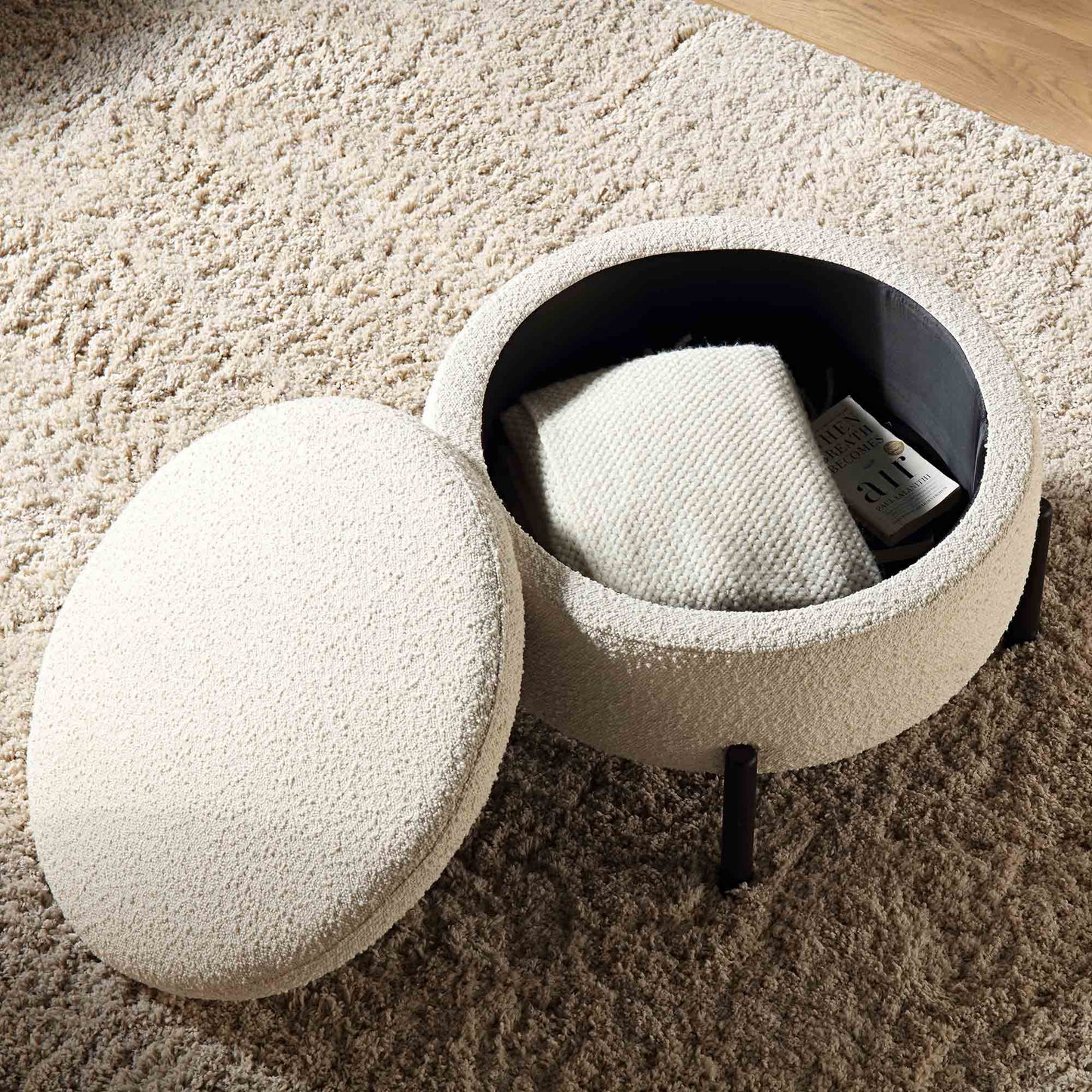 Pouf de rangement rond Amboise, boucle écru