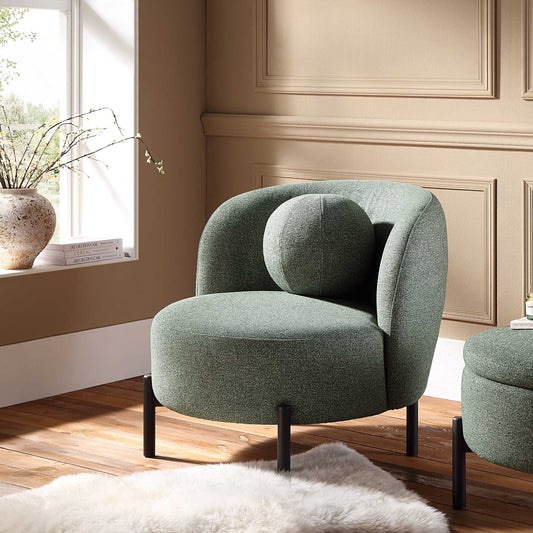 Fauteuil Amboise avec coussin boule, tissu texturé vert épicéa