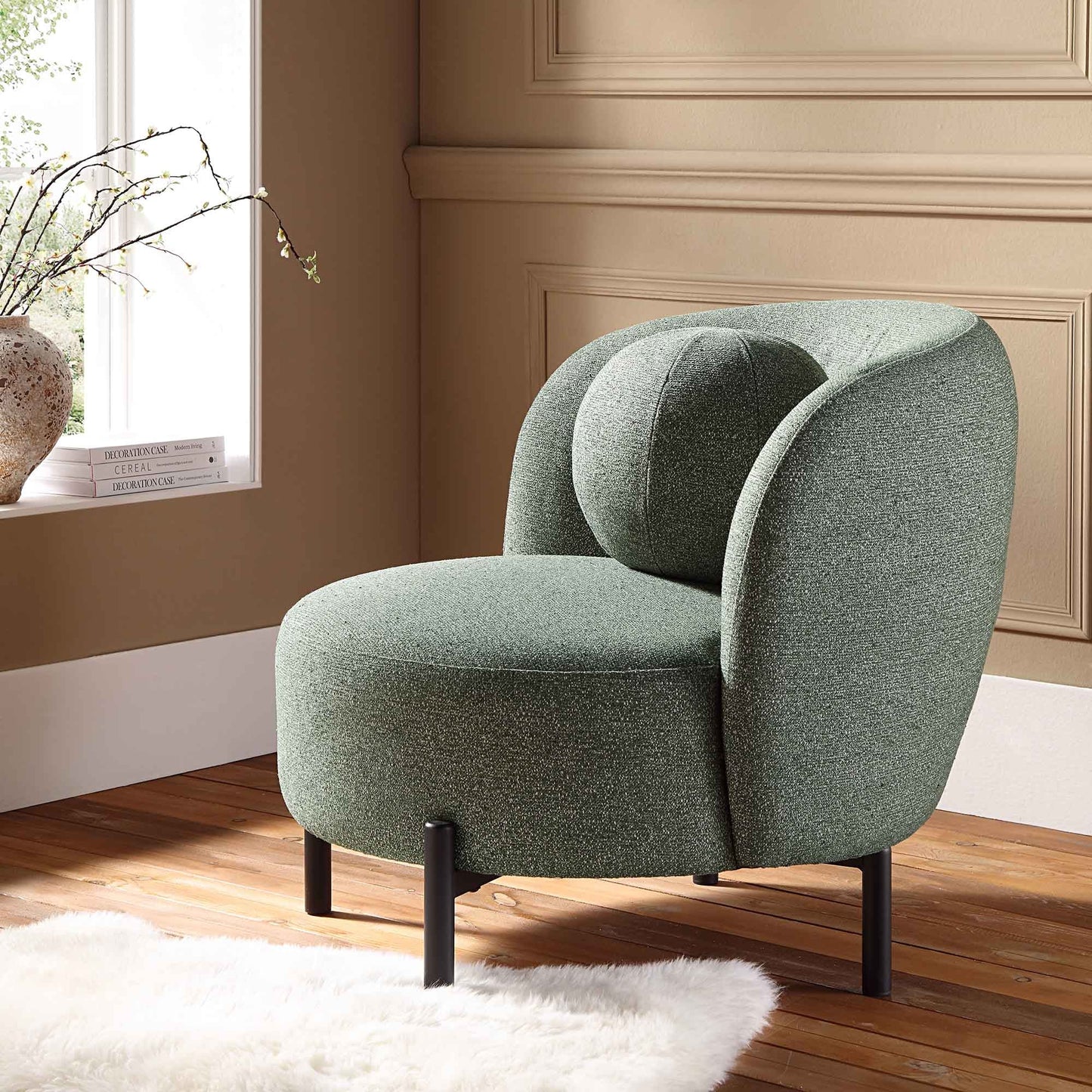 Fauteuil Amboise avec coussin boule, tissu texturé vert épicéa