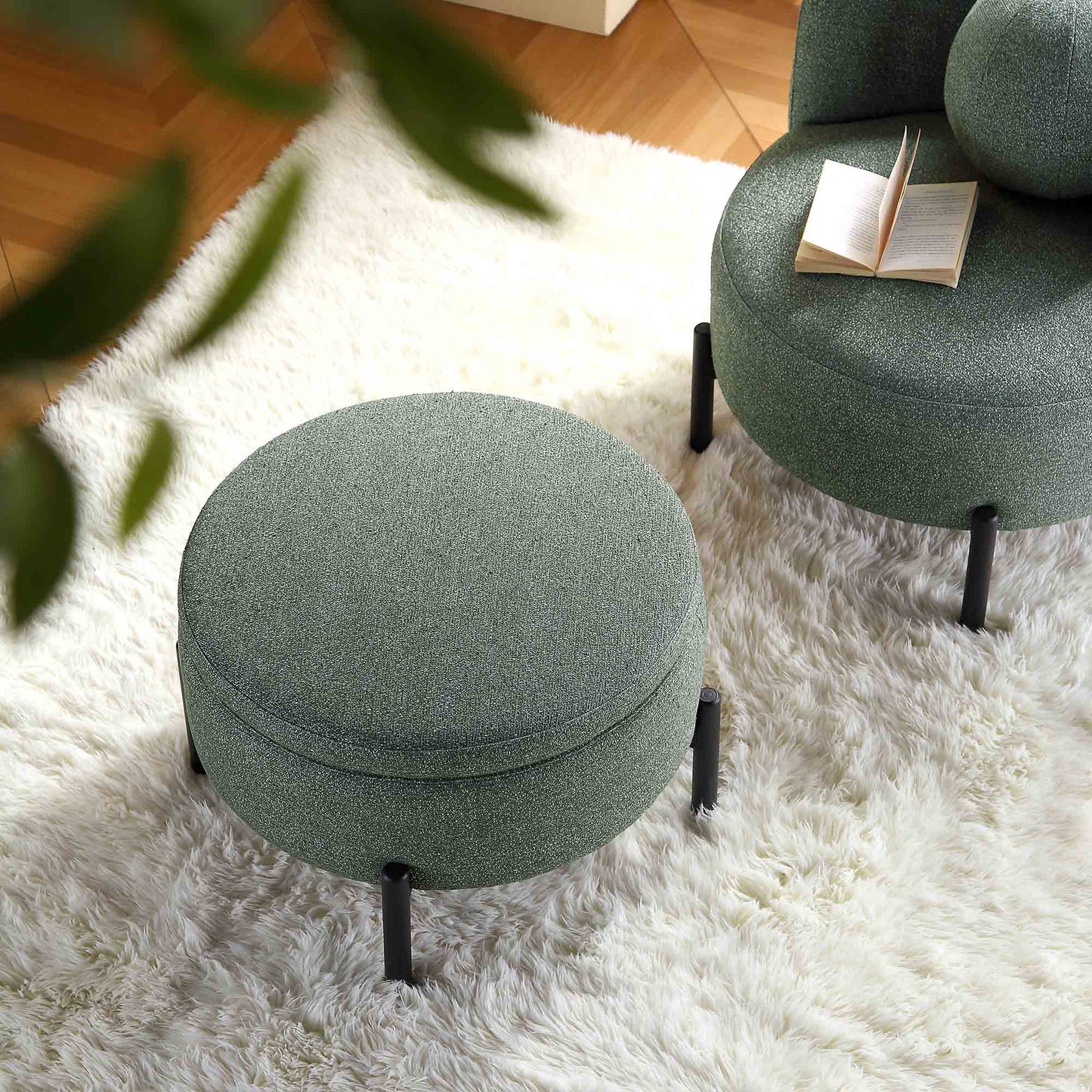 Pouf de rangement rond Amboise, tissu texturé vert épicéa