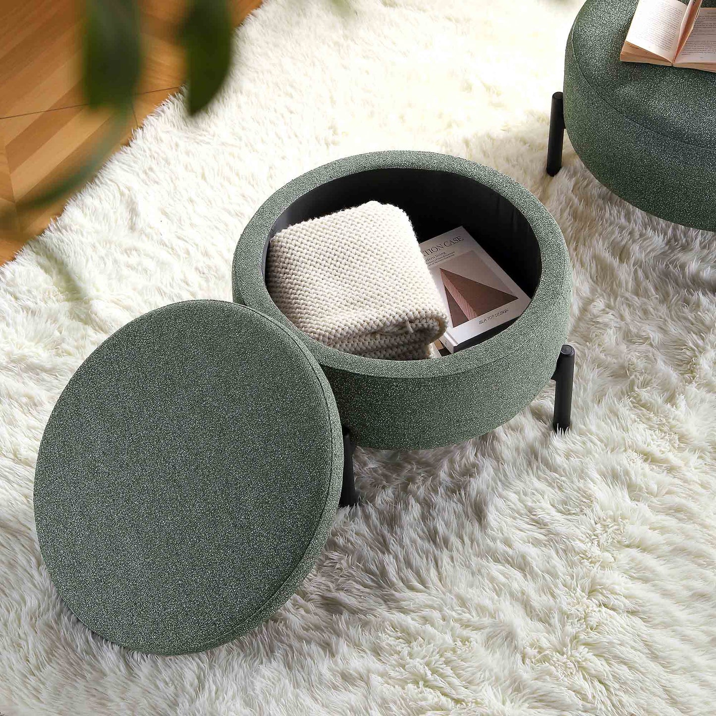 Pouf de rangement rond Amboise, tissu texturé vert épicéa