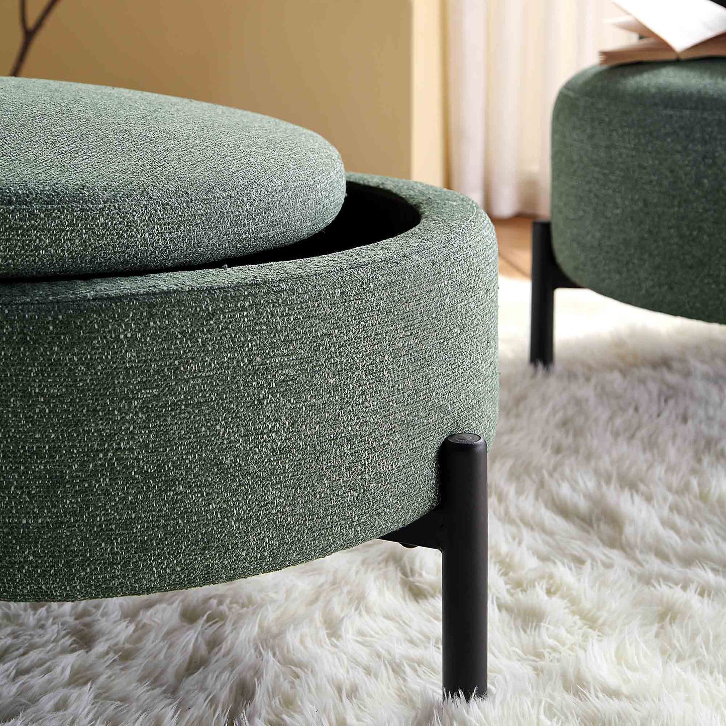 Pouf de rangement rond Amboise, tissu texturé vert épicéa