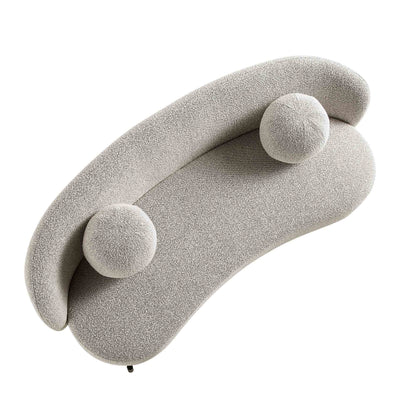 Canapé Amboise 3 places incurvé avec coussins boules, boucle gris brume