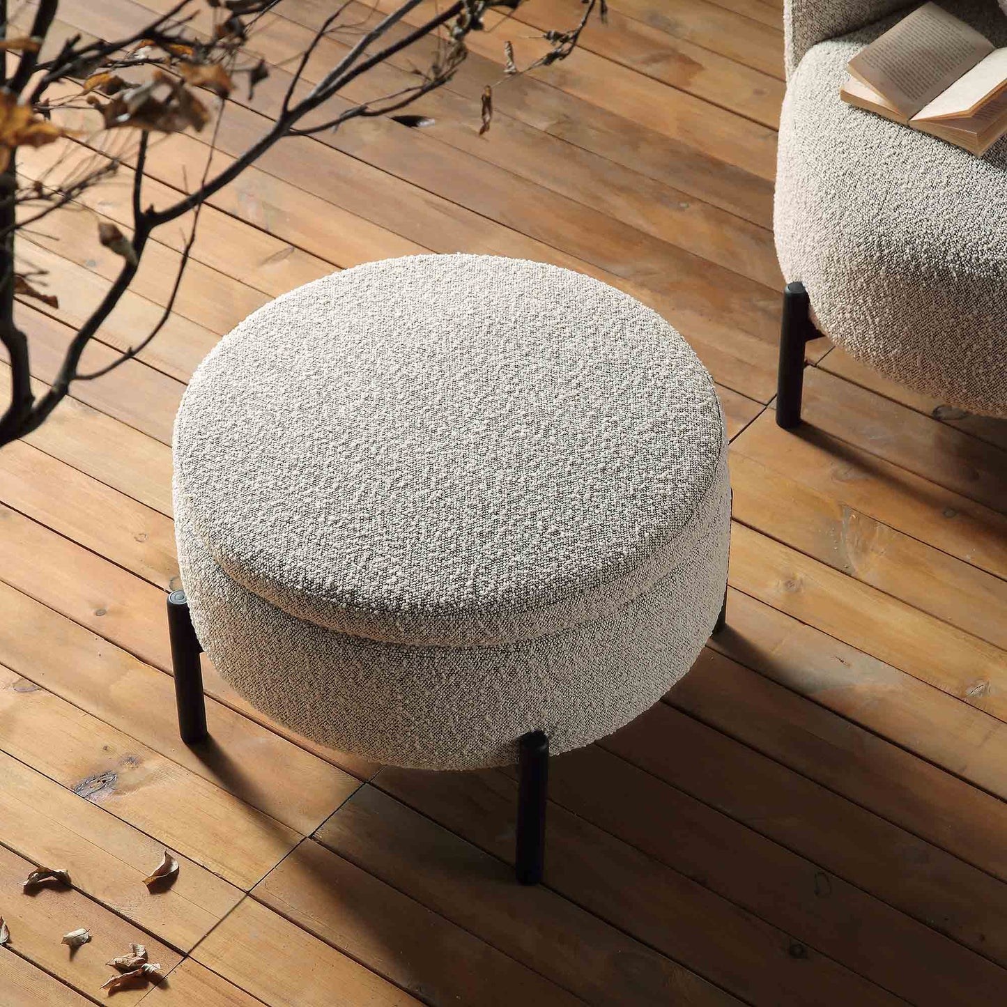 Pouf de rangement rond Amboise, boucle gris brume