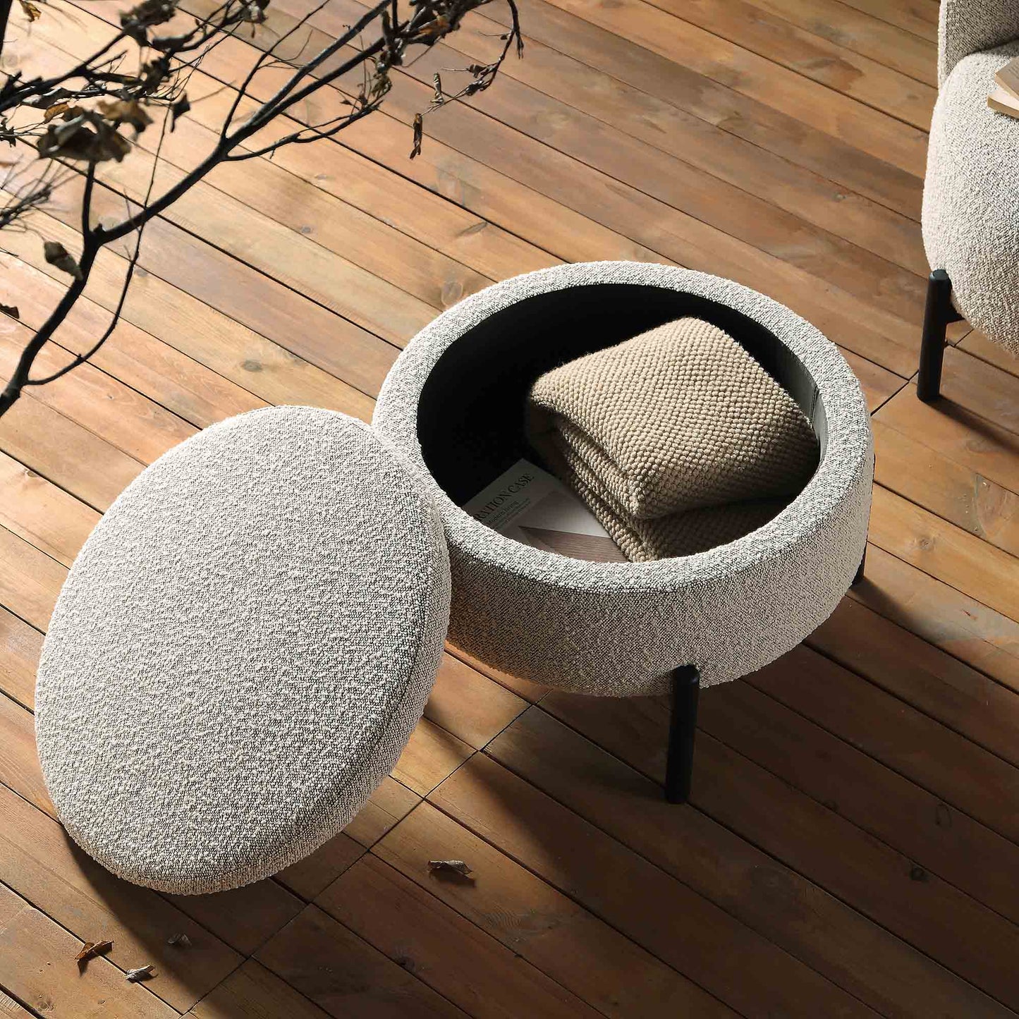 Pouf de rangement rond Amboise, boucle gris brume