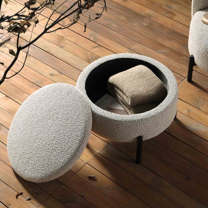 Pouf de rangement rond Amboise, boucle gris brume