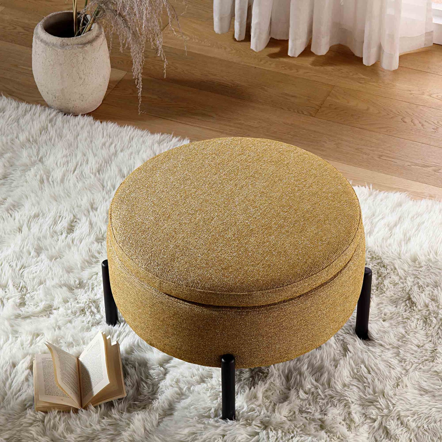 Pouf de rangement rond Amboise, tissu texturé souci
