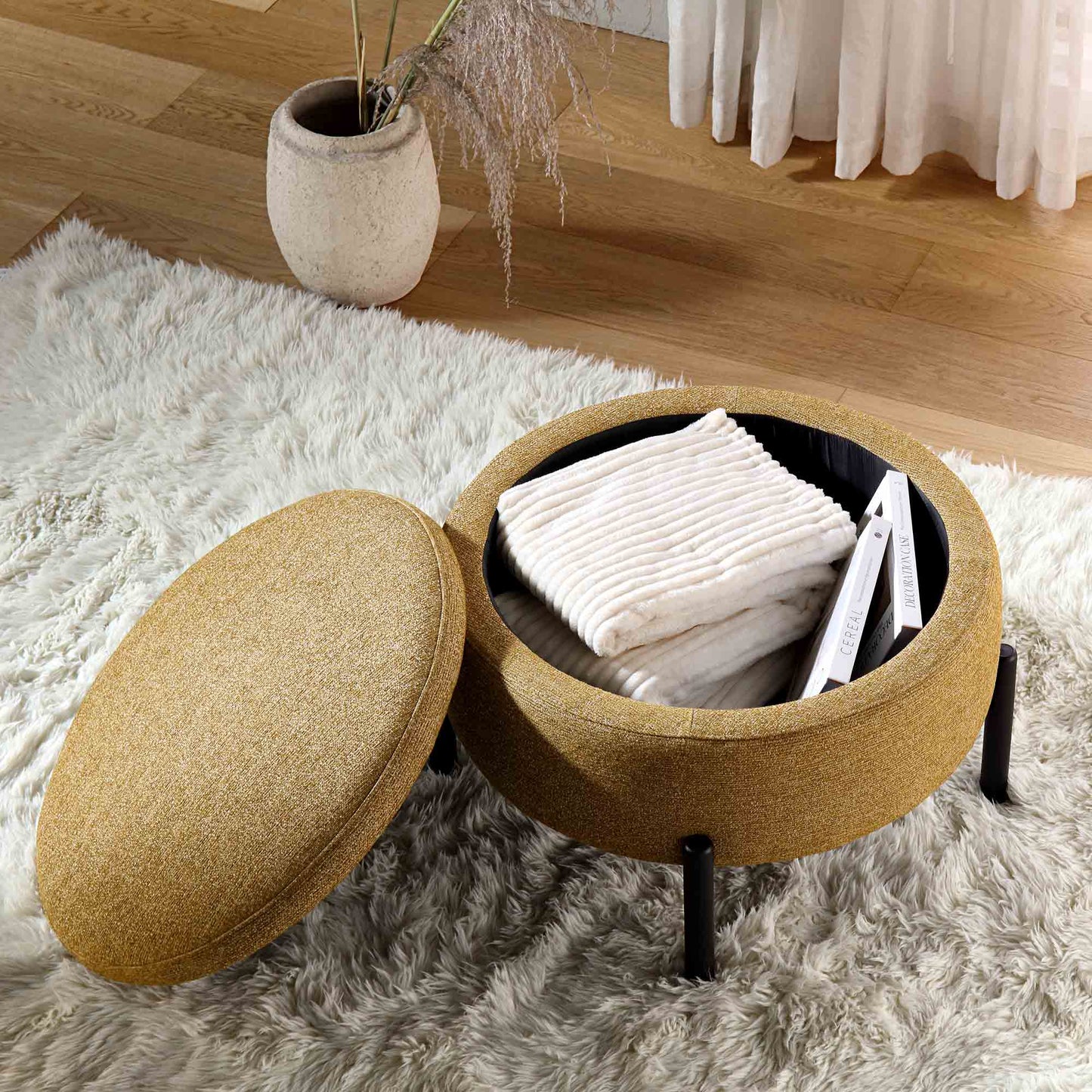 Pouf de rangement rond Amboise, tissu texturé souci