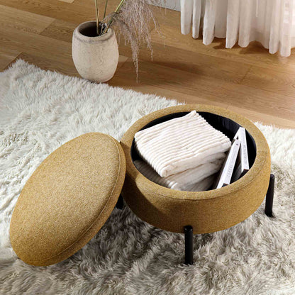 Pouf de rangement rond Amboise, tissu texturé souci