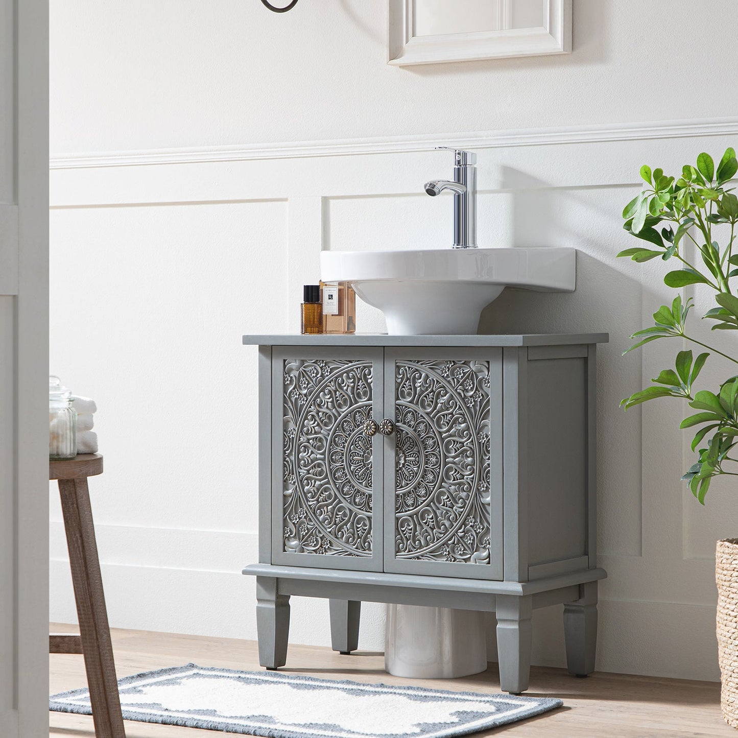 Meuble sous-lavabo de salle de bain sculpté Chantilly gris moyen