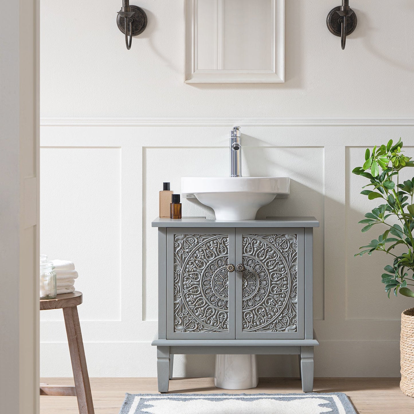 Meuble sous-lavabo de salle de bain sculpté Chantilly gris moyen