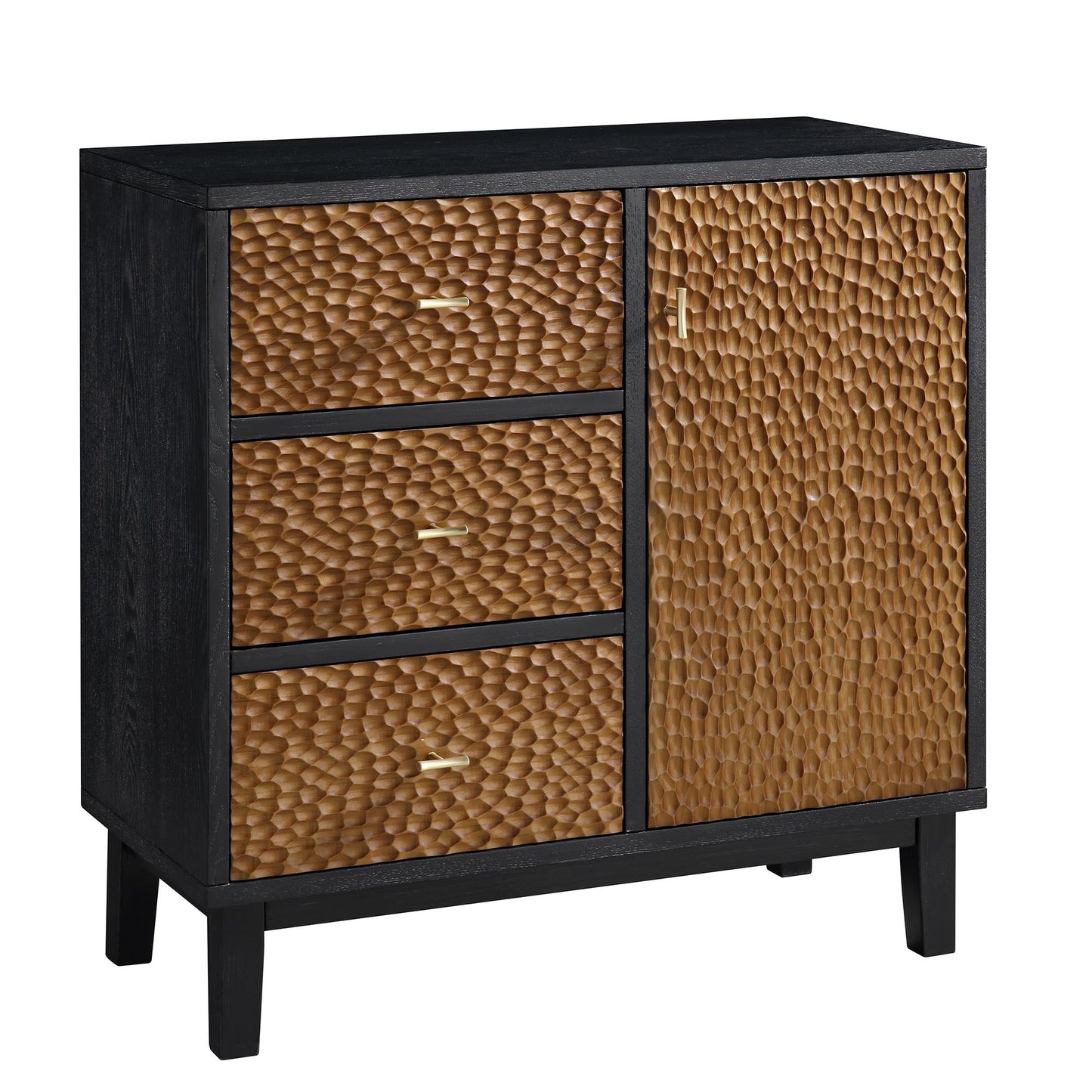 Buffet Bianca Chip sculpté à 1 porte et 3 tiroirs, bronze antique et noir