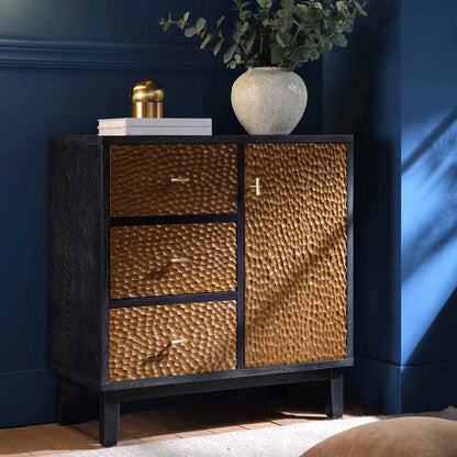 Buffet Bianca Chip sculpté à 1 porte et 3 tiroirs, bronze antique et noir