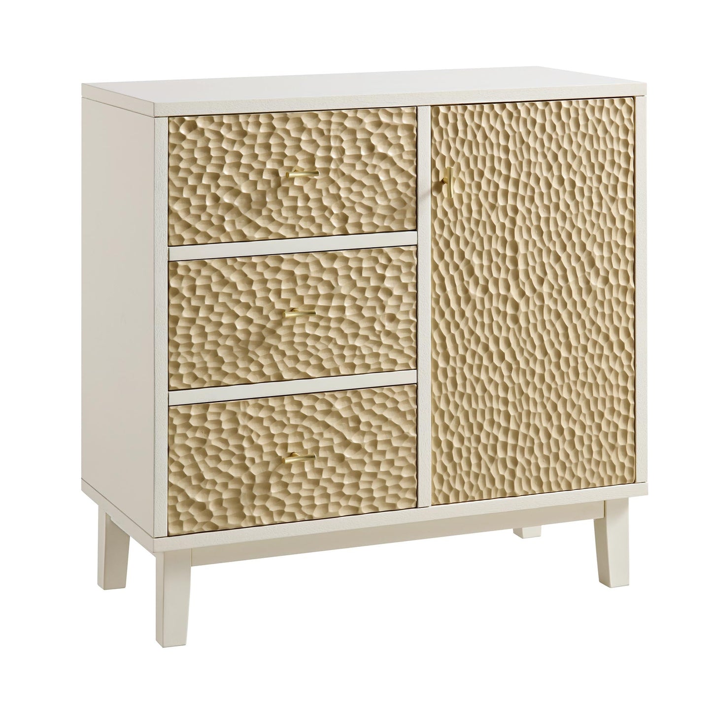 Buffet Bianca Chip sculpté 1 porte 3 tiroirs, beige sable et ivoire