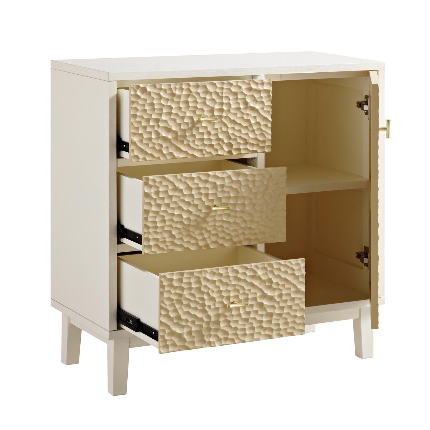 Buffet Bianca Chip sculpté 1 porte 3 tiroirs, beige sable et ivoire