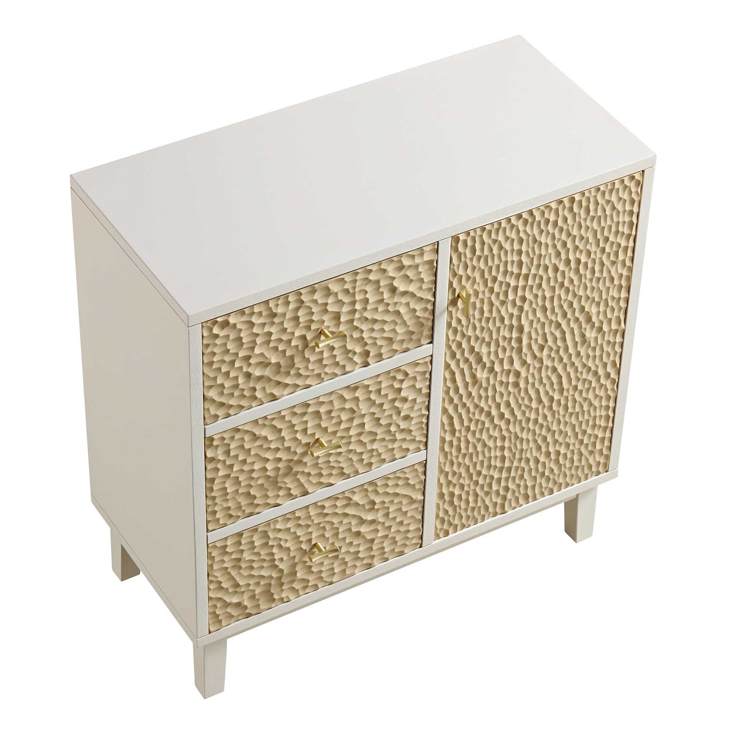 Buffet Bianca Chip sculpté 1 porte 3 tiroirs, beige sable et ivoire