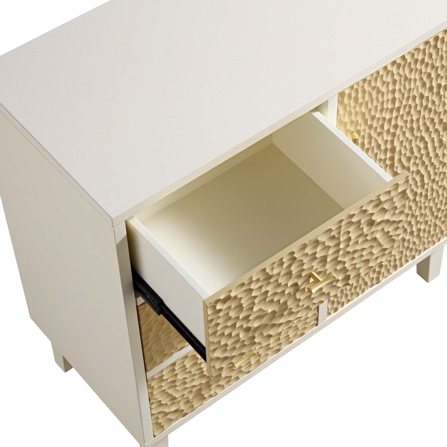 Buffet Bianca Chip sculpté 1 porte 3 tiroirs, beige sable et ivoire