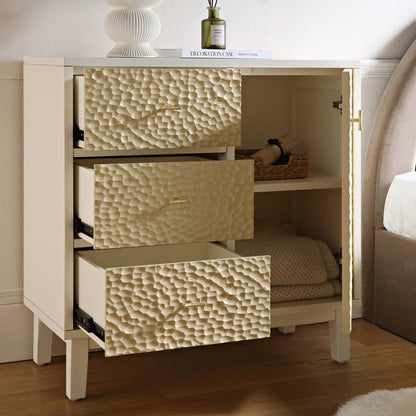 Buffet Bianca Chip sculpté 1 porte 3 tiroirs, beige sable et ivoire