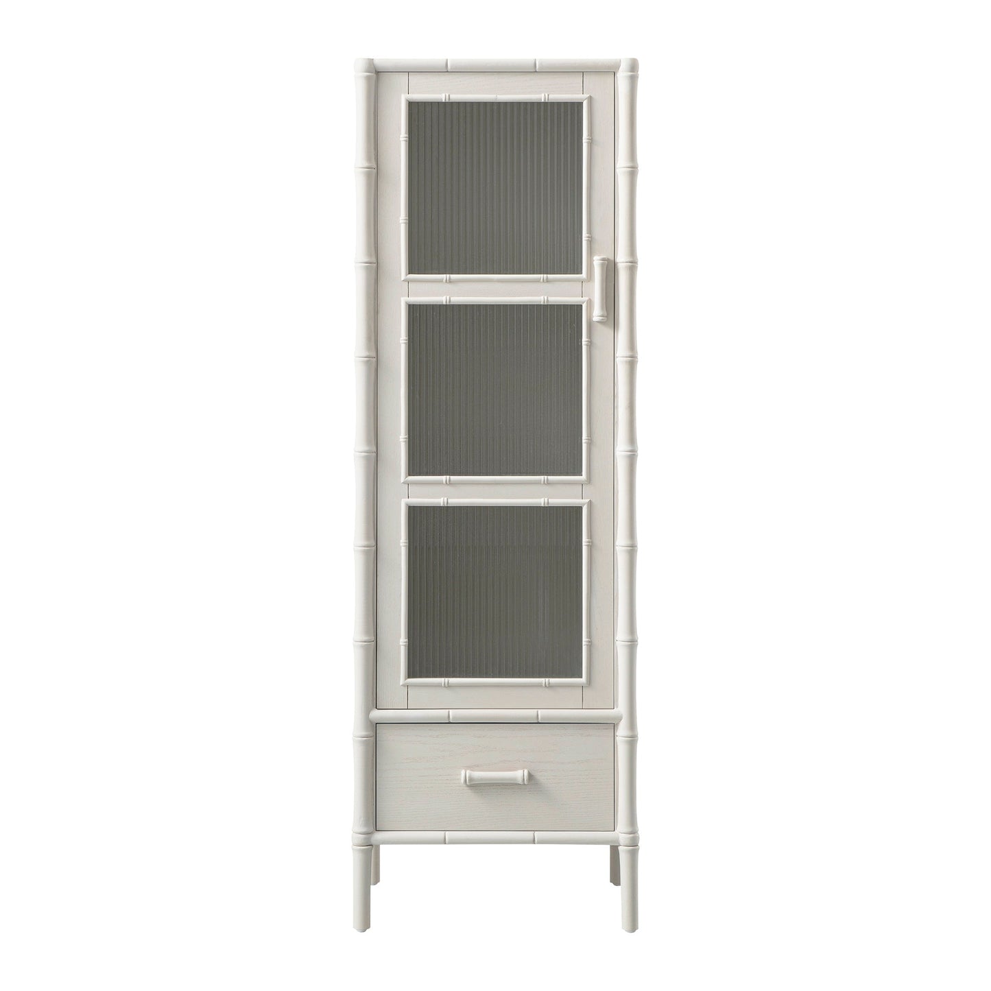 Armoire 1 porte Elstowe en imitation bambou et verre cannelé, blanc ombré