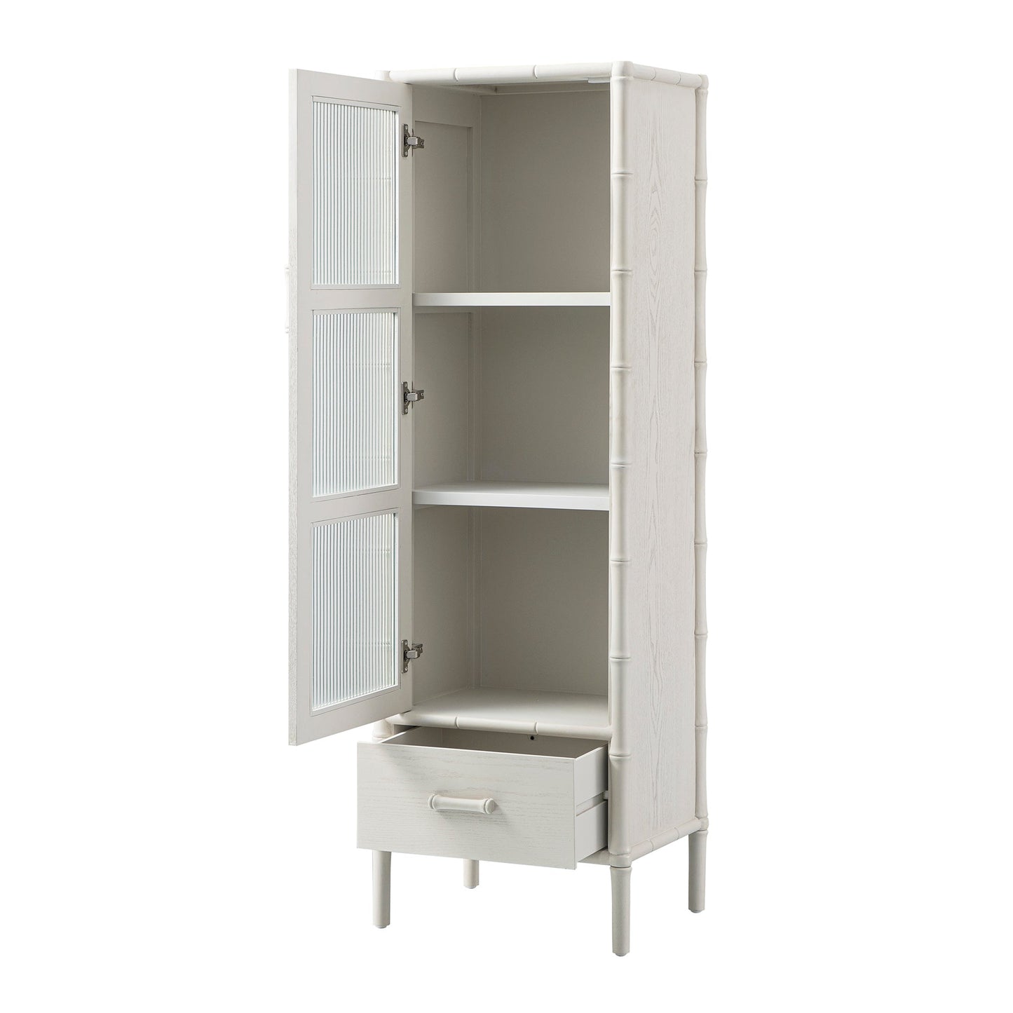 Armoire 1 porte Elstowe en imitation bambou et verre cannelé, blanc ombré