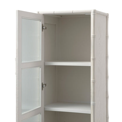 Armoire 1 porte Elstowe en imitation bambou et verre cannelé, blanc ombré