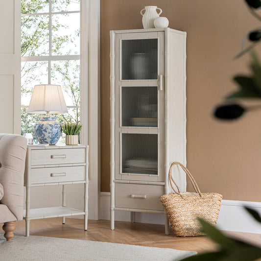 Armoire 1 porte Elstowe en imitation bambou et verre cannelé, blanc ombré
