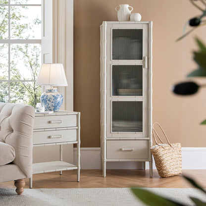 Armoire 1 porte Elstowe en imitation bambou et verre cannelé, blanc ombré