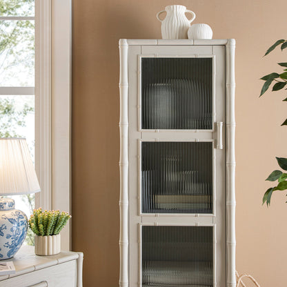 Armoire 1 porte Elstowe en imitation bambou et verre cannelé, blanc ombré