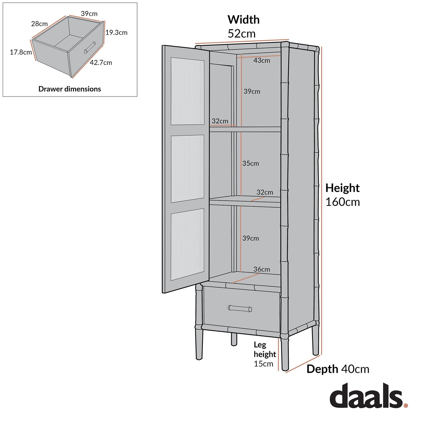 Armoire 1 porte Elstowe en imitation bambou et verre cannelé, gris chaud
