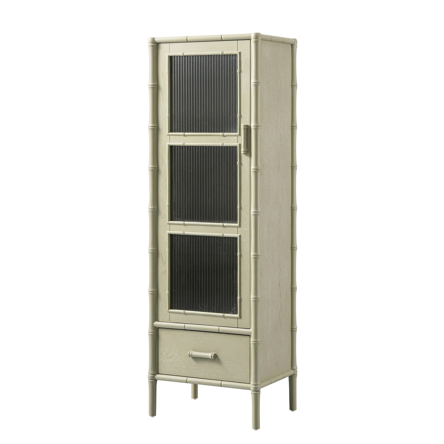 Armoire 1 porte Elstowe en imitation bambou et verre cannelé, vert sauge