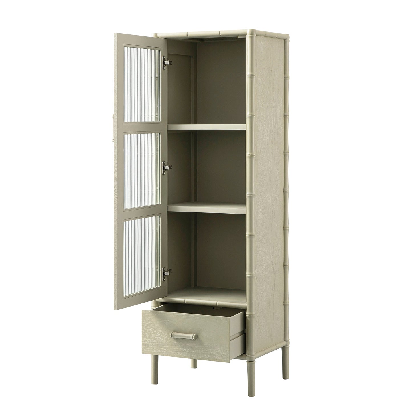 Armoire 1 porte Elstowe en imitation bambou et verre cannelé, vert sauge