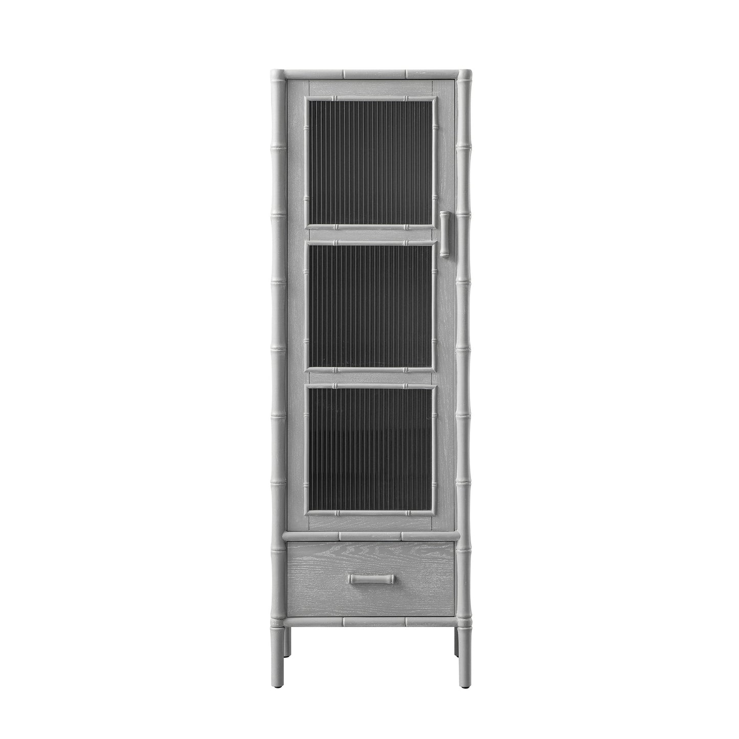 Armoire 1 porte Elstowe en imitation bambou et verre cannelé, gris chaud