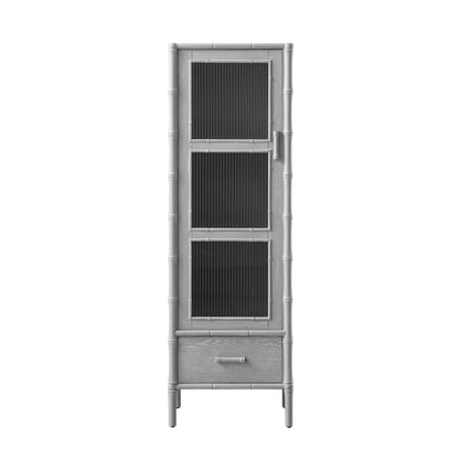 Armoire 1 porte Elstowe en imitation bambou et verre cannelé, gris chaud